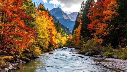 A vibrant autumn landscape features a flowing river surrounded by trees in fiery hues of red, orange, and yellow. Mountains loom in the background