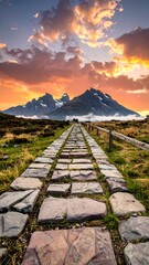 Stone path leading to mountain sunset
