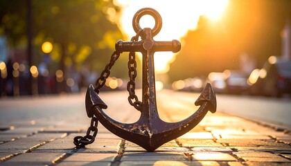 Anchor on cobblestones in sunlight
