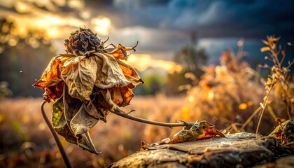 A decaying sunflower, its petals withered, sits atop a weathered rock, bathed in golden light with a blurred, autumnal background