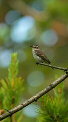 Small bird perched on branch, bokeh background