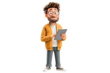 Young male owner using digital tablet while standing on a transparent background