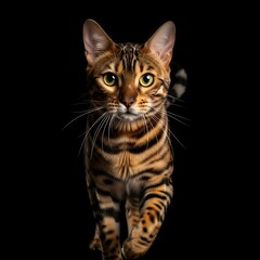 Bengal Cat Portrait Against Black Background.