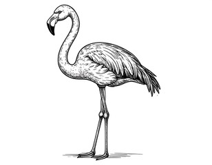Elegant black and white line art of a flamingo