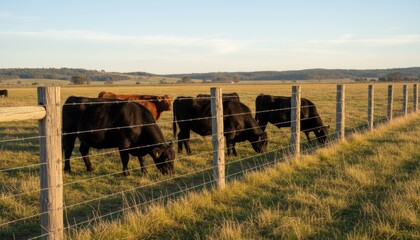 Obraz premium Medium shot focusing on a sturdy wire fence with rugged posts securing a herd of cattle in an open grazing area