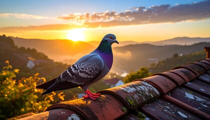 A pigeon perched on a rooftop with a breathtaking vista of rolling hills bathed in the warm glow of a setting sun