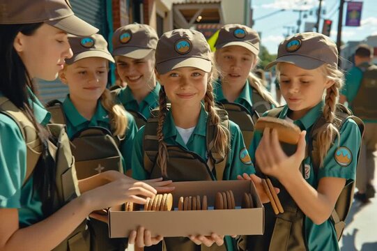 Cheerful girl scouts selling cookies on the street of a modern small American town