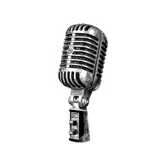Fototapeta premium Engraving style illustration of retro microphone in black and white on transparent background – Vector for music posters, podcast branding, and broadcasting materials