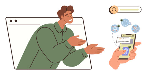 Man interacting through video call on screen, smartphone displaying messages, network icons. Ideal for communication, technology, remote work, virtual meetings, networking, chat apps online