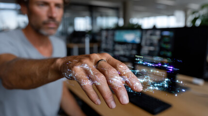 A man engaging with a glowing digital interface, showcasing an innovative interaction with holographic data and visual elements in a high-tech office setting.