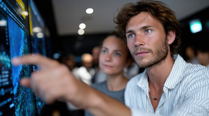 An engaging scene where a man and woman analyze vibrant data visualizations on a digital touchscreen, emphasizing collaboration and modern technology in a dynamic environment.