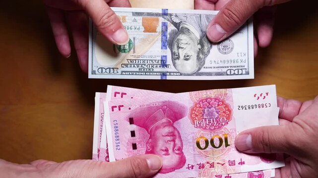 Animation of Chinese Yuan (RMB) bills seamlessly transforming into US Dollar (USD) bills, symbolizing currency exchange and financial fluidity.