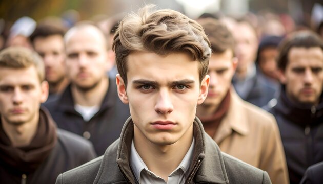 Serious young man in a crowd