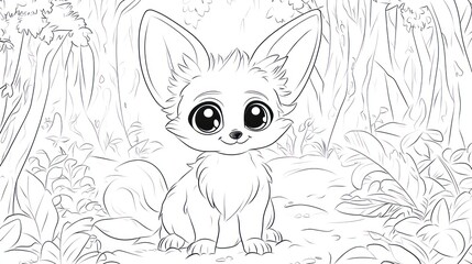 Fototapeta premium Line drawing of a cartoon fox with large ears in a forest setting