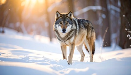Fototapeta premium A majestic wolf stands in the snow, bathed in golden sunlight filtering through a winter forest. Its gaze is direct