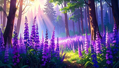 Sunlight streams through a vibrant purple flower-filled forest