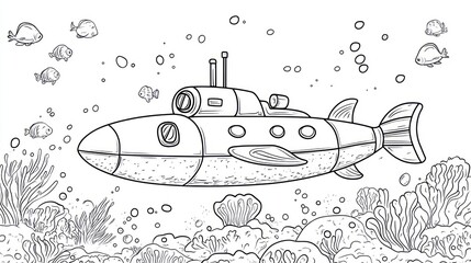 Underwater submarine illustration with fish and coral reef in cartoon style