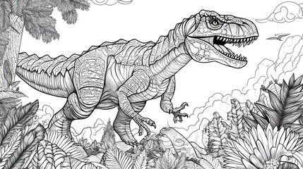 Detailed black and white illustration of a tyrannosaurus rex dinosaur in a jungle scene