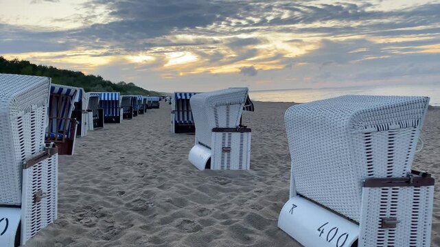 Zinnowitz, Germany, empty beach in the evening and pier view, sand beach on Usedom Island