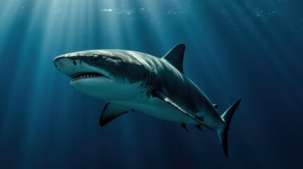Fototapeta premium Close-up underwater image of a majestic great white shark with prominent dorsal fin, illuminated by sunlight beams, set against deep blue ocean background, showcasing power and beauty.