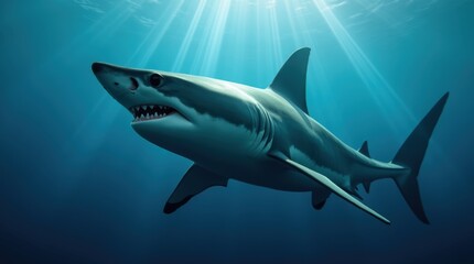 Obraz premium Close-up underwater image of a majestic great white shark with prominent dorsal fin, illuminated by sunlight beams, set against deep blue ocean background, showcasing power and beauty.