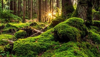 Obraz premium Sunlight filtering through a mossy forest floor