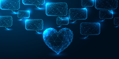 Emotional AI and digital empathy communication with glowing heart and speech bubbles