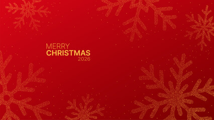 Abstract red christmas background with gold snowflake pattern and glitter. Festive winter holiday greeting decoration.