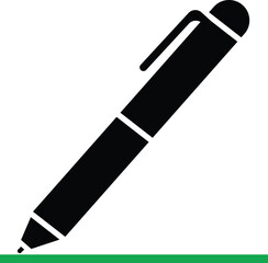 Black Ballpoint Pen Icon Tilted on White Background with Green Base Keywords: pen, ballpoint, writing, stationery, office, school