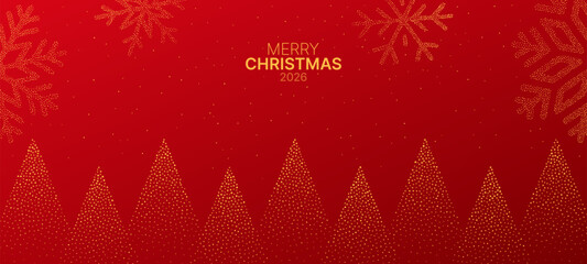 Merry Christmas 2026 text with abstract golden dotted snowflake and tree pattern on red background. Festive holiday card design. © hiten666