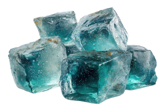 Pile of irregular ice shards with frosty edges and trapped bubbles, isolated on transparent background.
