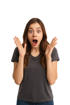 Surprised and cheerful young woman in black outfit isolated on transparent background, expressive female portrait, amazed and joyful reaction, vertical png photo