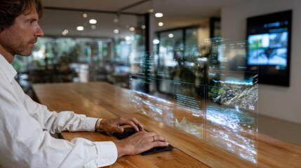 An innovative workspace featuring a man engaging with a futuristic, transparent interface displaying data and visuals, symbolizing the blend of technology and creativity.