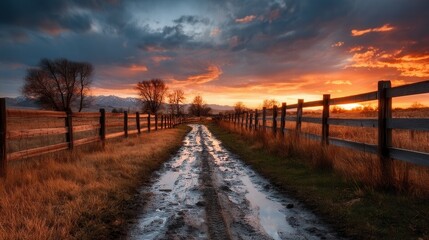 Pathway to Dramatic Sunset on Farm Road