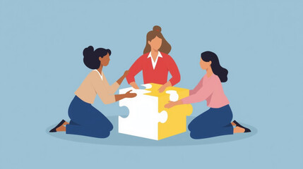 Business vector art of three women assembling a puzzle cube