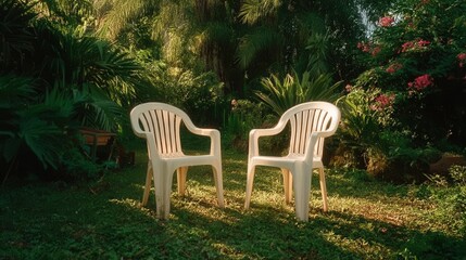 Obraz premium Invitation to Relax, Chairs Await in a Lush Garden