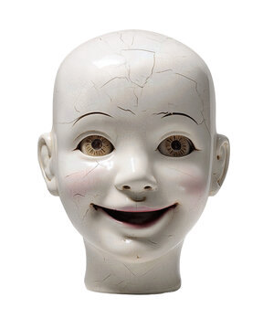 Vintage ventriloquist dummy head reimagined as a porcelain bust with fine cracks and soft grin, isolated on transparent background
