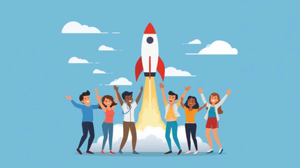 Business vector art of diverse group of people celebrating a rocket launch into the sky