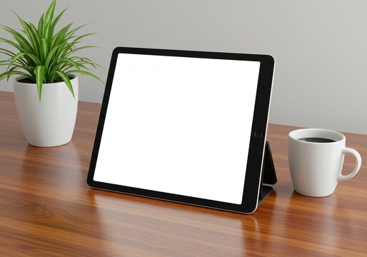 A modern workspace featuring a tablet, a coffee cup, and a potted plant on a wooden desk. The tablet screen is blank, emphasizing the minimalist setup.