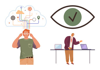 Man thinking with technology icons, a professional at work with two laptops, and a checkmark in an eye graphic. Ideal for teamwork, innovation, analysis, decision-making, problem-solving, technology