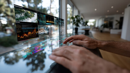 A modern workspace featuring an advanced interface displaying data visualizations, reflecting the future of technology and innovative work environments.