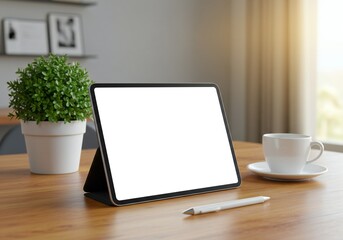 Fototapeta premium A modern tablet is displayed on a wooden table, accompanied by a potted plant and a cup of coffee. The scene is well-lit, suggesting a cozy workspace.