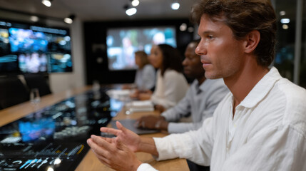 A group of professionals engaged in discussion around a data-driven table, reflecting the importance of data in modern decision-making environments.
