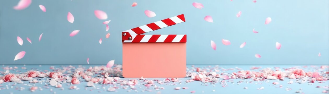 Coral Clapboard Amidst Pink Confetti Celebration