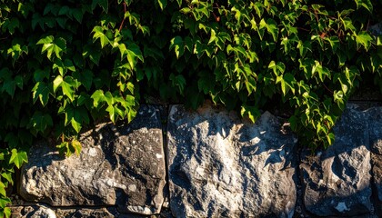 Stone wall overgrown with lush greenery