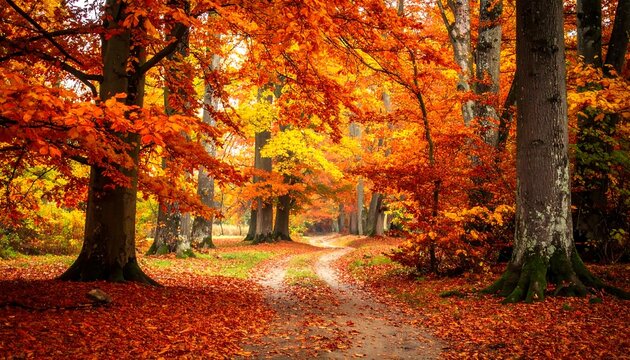 A vibrant autumn scene. Sunlight filters through fiery orange and yellow leaves framing a winding dirt path through a forest