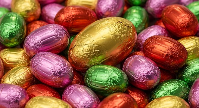 Close up of assorted colorful foil wrapped chocolate eggs on a white surface