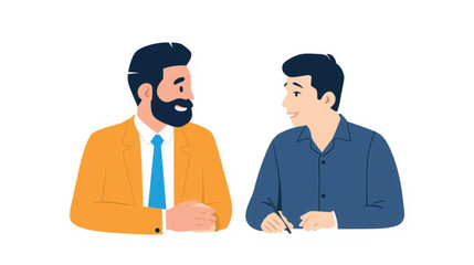 Business vector art of two men talking in an office, one with a beard, one writing