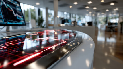 An eye-catching close-up of an illuminated digital data display in a contemporary office environment, symbolizing advanced analytics and modern technology in action.