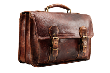 Vintage leather satchel in chestnut pebbled hide with brass buckles and stitched edges, isolated on transparent background
